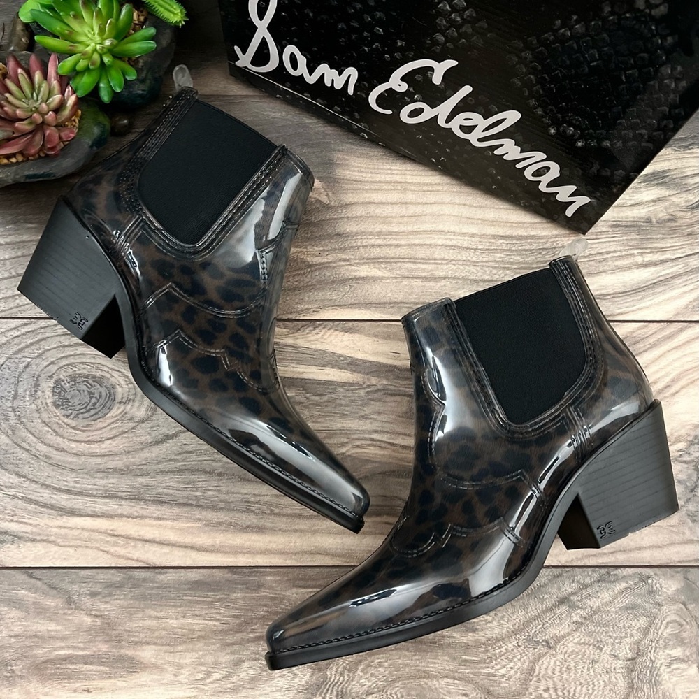 NIB Sam Edelman Winona Western Ankle Rain Bootie Bootie Dark Leopard 8M 38